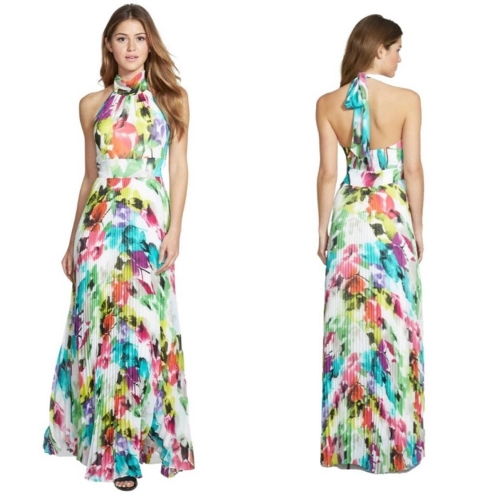 Eliza J Multicolor Halter Neck Maxi Dress (4) EUC